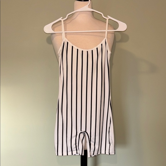 CAPELLA Striped White and Black stretchy Romper in women’s small - Picture 2 of 5